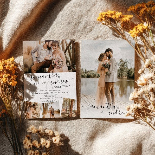 Invitación Modern white minimalist script 5 photos wedding (Modern white minimalist script 5 photos wedding invitation)
