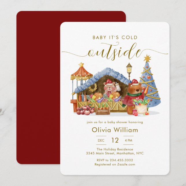 Invitación Modern Winter Farmer Market Teddy Bear Baby Shower (Anverso / Reverso)