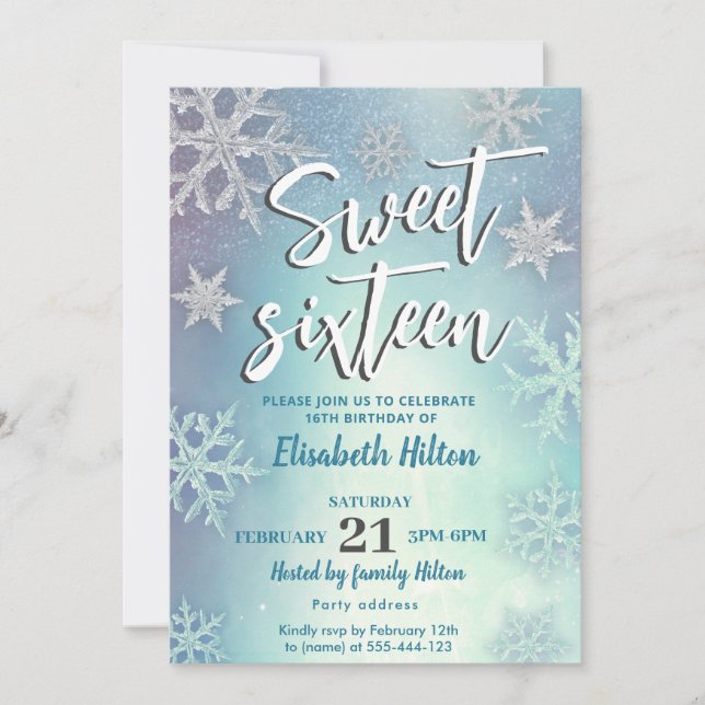 Invitación Modern Winter wonderland copos de nieve dulce 16 (Anverso)