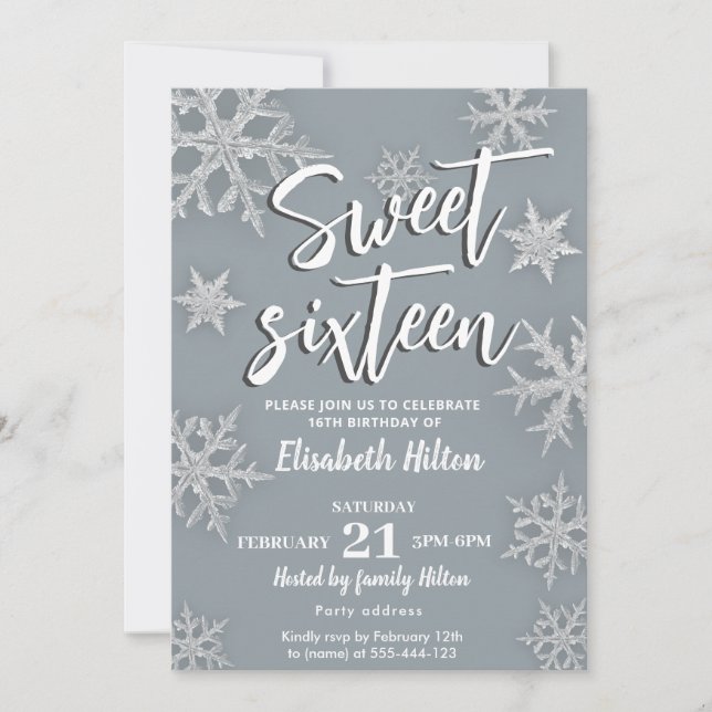 Invitación Modern Winter wonderland copos de nieve dulce 16 (Anverso)