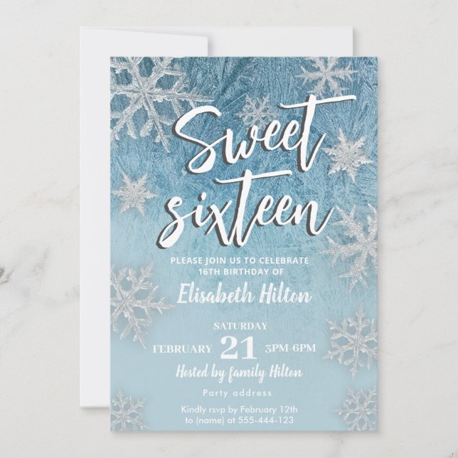 Invitación Modern Winter wonderland copos de nieve dulce 16 (Anverso)