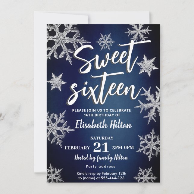 Invitación Modern Winter wonderland copos de nieve dulce 16 (Anverso)