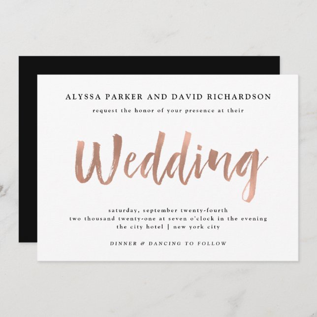 Invitación Modern Wish | Faux Rosa Gold Boda (Anverso / Reverso)