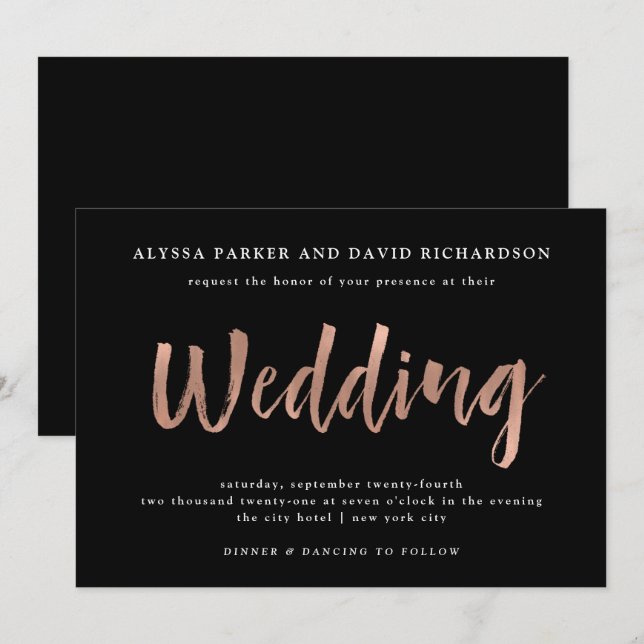 Invitación Modern Wish | Faux Rosa Gold sobre Black Boda (Anverso / Reverso)