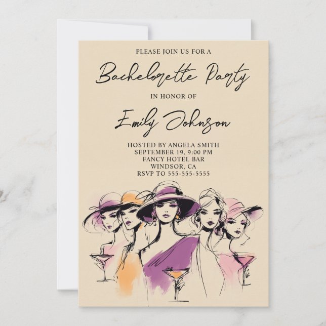 Invitación Modern Women Cocktails Illustration Bachelorette (Anverso)