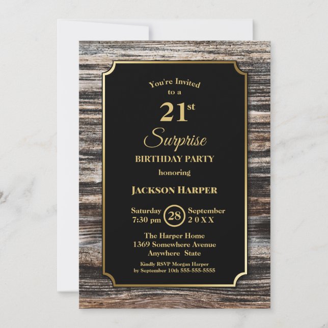 Invitación Modern Wood Surprise 21st Birthday Fiesta (Anverso)