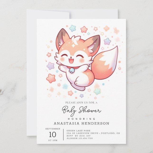Invitación Modern Woodland Fox Baby Shower (Anverso)