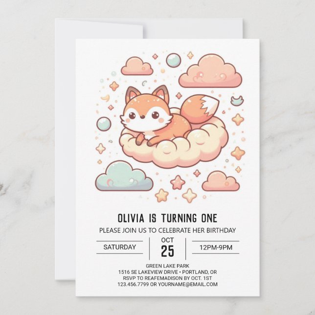 Invitación Modern Woods Fox 1er cumpleaños (Anverso)