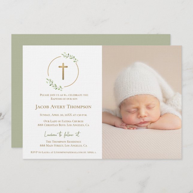 Invitación Modern Wreath Gold Cross Baby baptism Photo green (Anverso / Reverso)