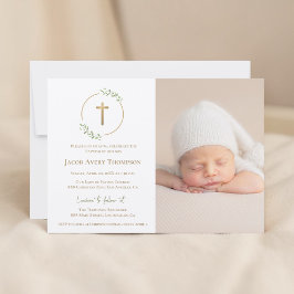 Invitación Modern Wreath Gold Cross Baby baptism Photo green