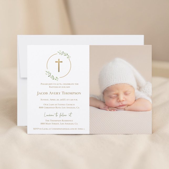 Invitación Modern Wreath Gold Cross Baby baptism Photo green (Customizable photo baptism with gold cross, and greenery wreath)