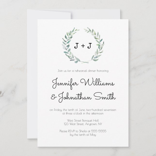 Invitación Modern wreath rehearsal dinner invitations (Anverso)