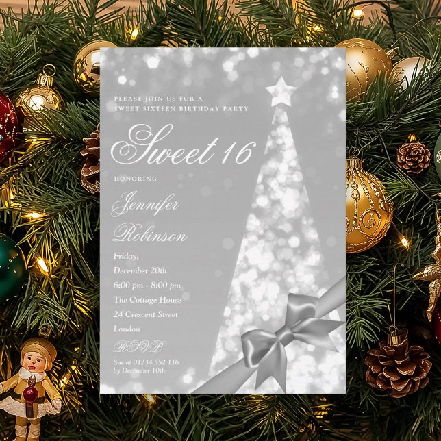 Invitación Modern Xmas Tree Ribbon Sweet 16 Birthday Party (Modern Xmas Tree Ribbon Sweet 16 Birthday Party Invitation)