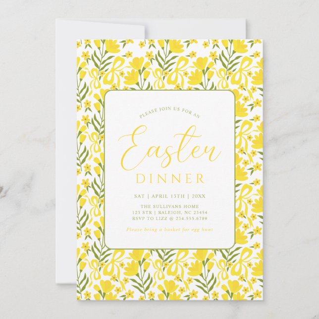 Invitación Modern Yellow Spring Floral Bow Easter Dinner (Anverso)