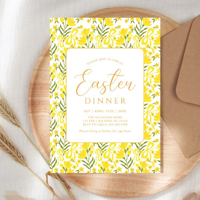 Invitación Modern Yellow Spring Floral Bow Easter Dinner (Subido por el creador)