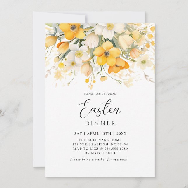 Invitación Modern Yellow Spring Floral Easter Dinner (Anverso)