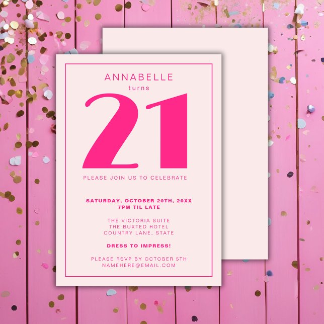 Invitación Moderna 21ª Veintiún Fiesta de Cumpleaños Rosa (Pink Girls 21st Birthday Party Invitation. Milestone birthday party and decor)