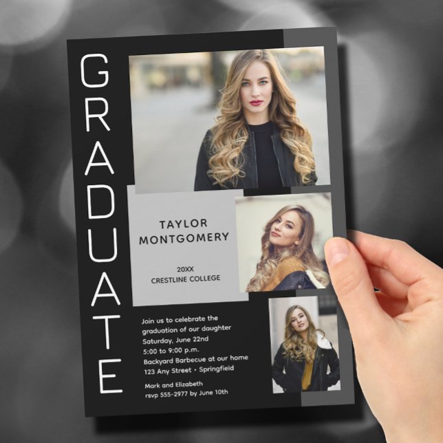Invitación Moderna 3 foto graduación en negro (Subido por el creador)
