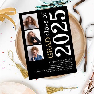 Invitación Moderna 3 foto Negrita 2024 Graduación Negra
