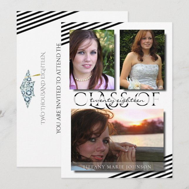 Invitación Moderna 3 Foto Partido de Graduación de Rayas Negr (Anverso / Reverso)