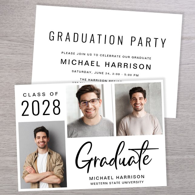 Invitación Moderna 3 Photo Graduation Party (A modern photo collage graduation party invitation to celebrate the graduate's achievements)