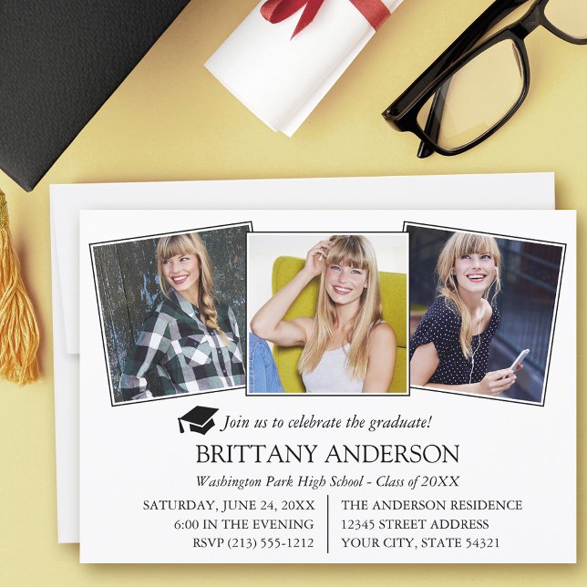 Invitación Moderna 3 Photo Graduation Party (Customize to add more text to back of card.)