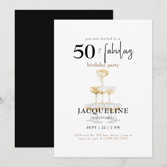 Invitación Moderna 50 y fabulosa fiesta de cumpleaños negro (Anverso / Reverso)