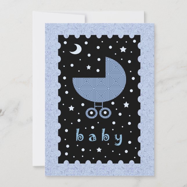 Invitación moderna a baby shower azul y celestial  (Anverso)