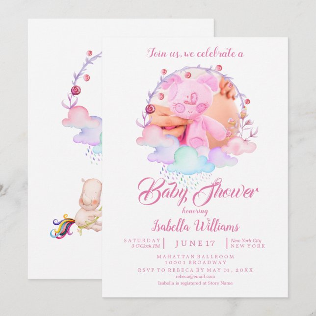 Invitación moderna a baby shower de niña con unico (Anverso / Reverso)