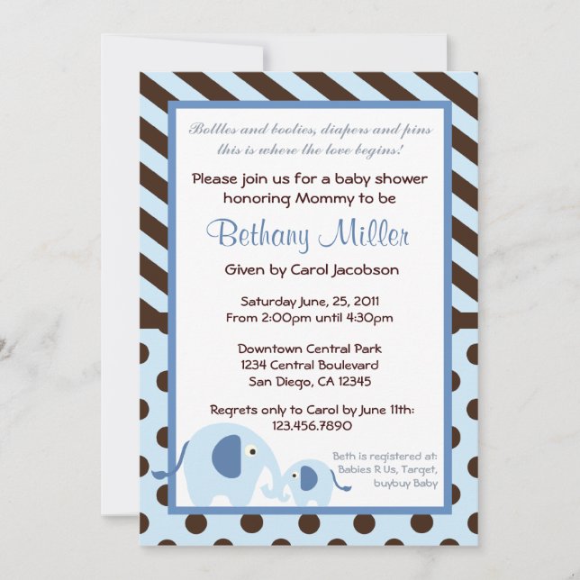 Invitación moderna a Baby Shower para elefantes (Anverso)