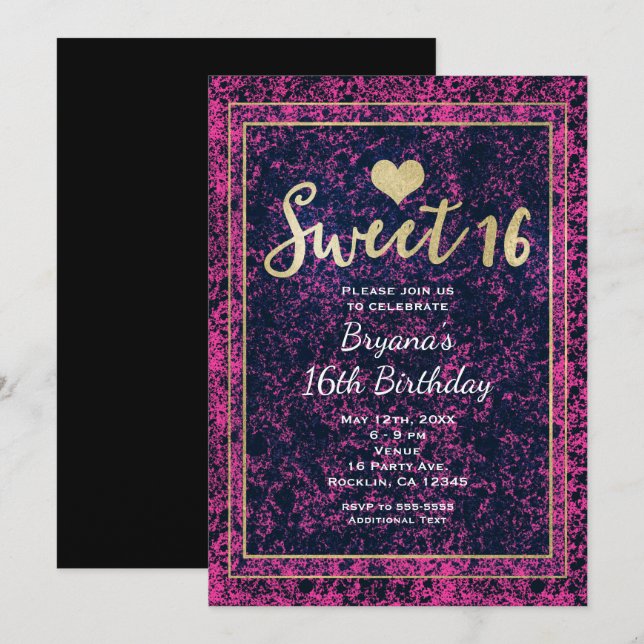 Invitación moderna a fiesta Sweet 16 dorada y rosa (Anverso / Reverso)
