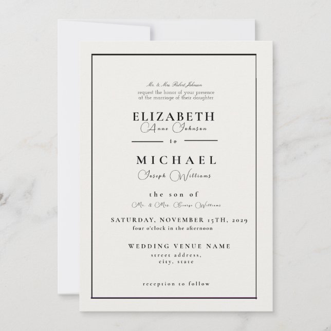 Invitación moderna a la boda blanca y negra (Anverso)