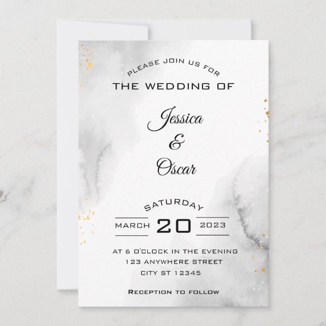 Invitación moderna a la boda blanca y negra (Anverso)