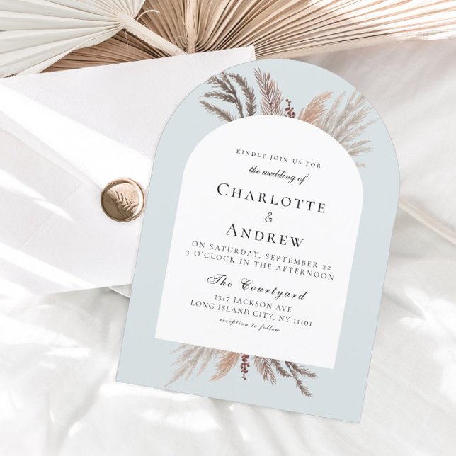 Invitación moderna a la boda de Boho Pampasgras (Modern Boho Pampasgras Powder Blue Wedding Invitation)