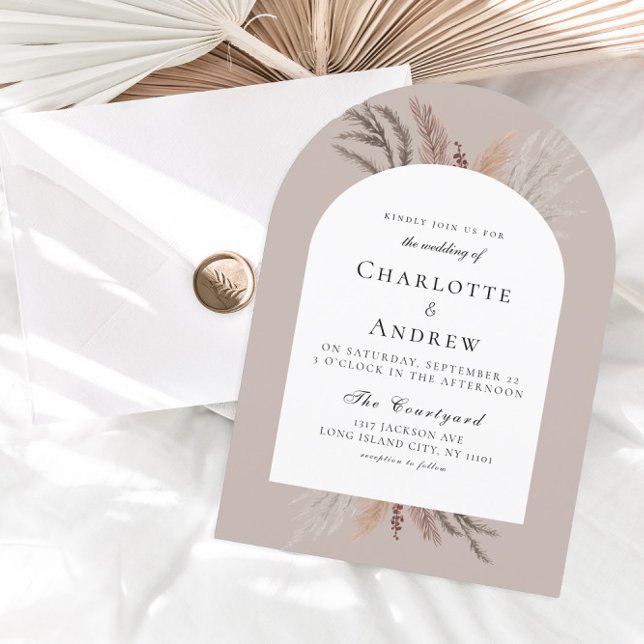 Invitación moderna a la boda de Boho Pampasgras (Modern Boho Pampasgras Light-Brown Wedding Invitation)
