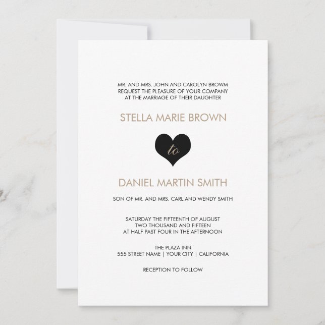 Invitación moderna a la boda de corazón blanco y n (Anverso)