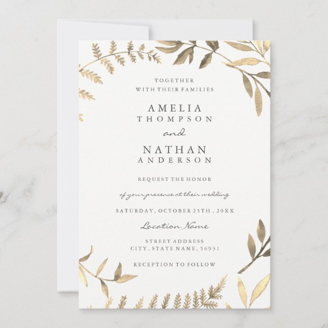 Invitación moderna a la boda de la hoja de oro (Anverso)