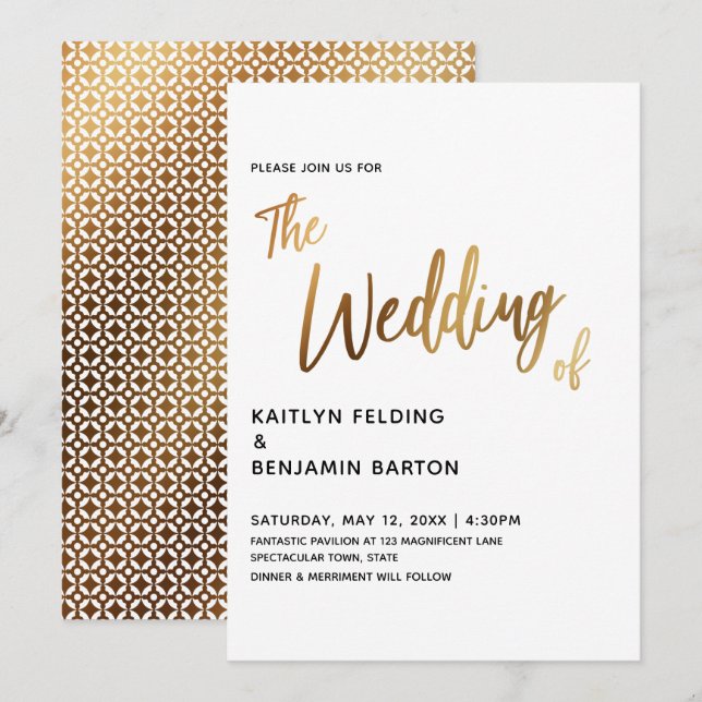 Invitación moderna a la boda de oro con escritura  (Anverso / Reverso)