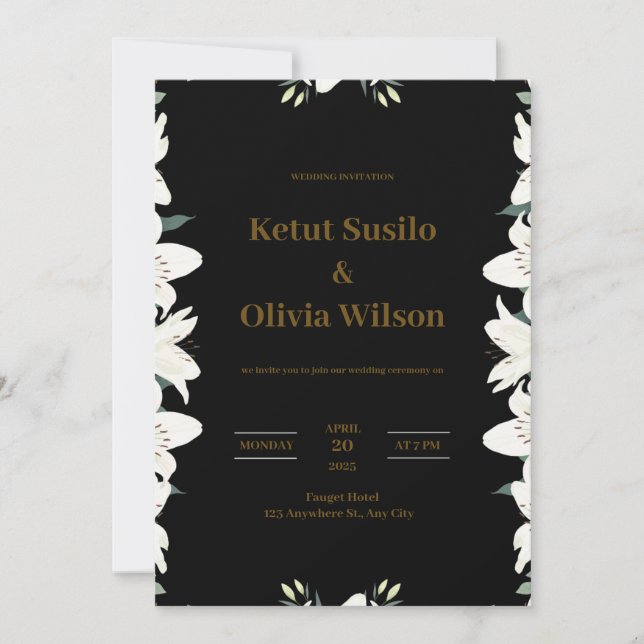 Invitación moderna a la boda de oro y negro (Anverso)