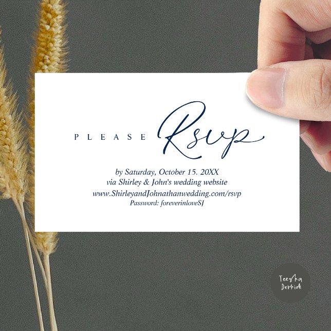 Invitación moderna a la boda de RSVP, a través del (Modern RSVP Wedding Invitation, via Website Enclosure Card, Phone, email, Navy Blue)