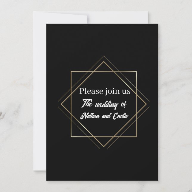 Invitación moderna a la boda negra y de oro (Anverso)