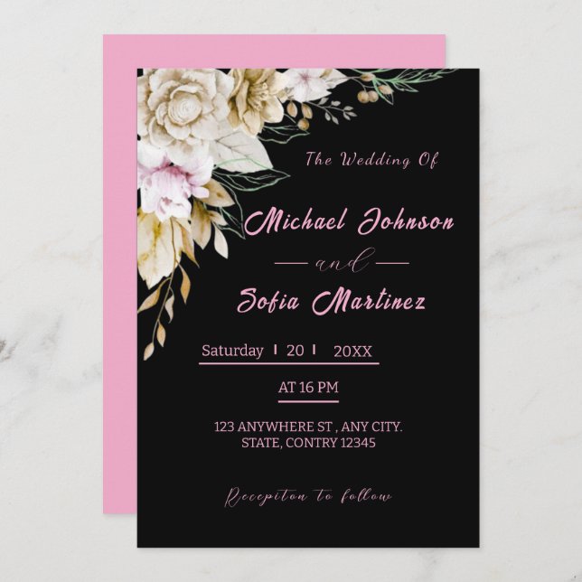Invitación moderna a la boda negra y rosada | Moda (Anverso / Reverso)