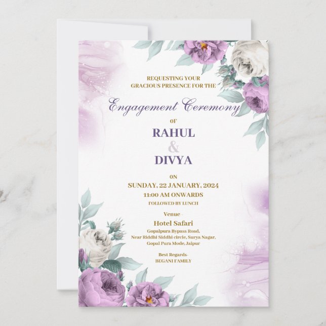 Invitación moderna a la boda simple morada y blanc (Anverso)