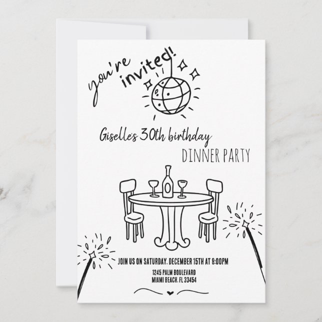 Invitación moderna a la cena de cumpleaños dibujad (Anverso)
