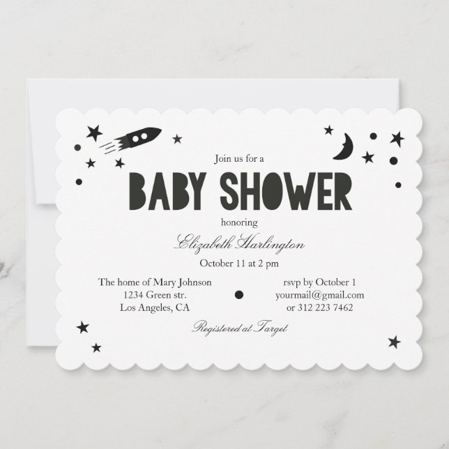 Invitación moderna a la ducha para bebés. Blanco y (Anverso)