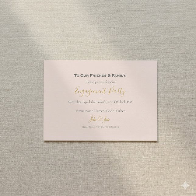 Invitación moderna a la fiesta de compromiso rosa  (Modern photo pink and gold engagement party invitation card.)