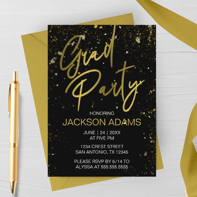Invitación moderna a la fiesta de graduación con t (Gold and Black Graduation Party Invitation)
