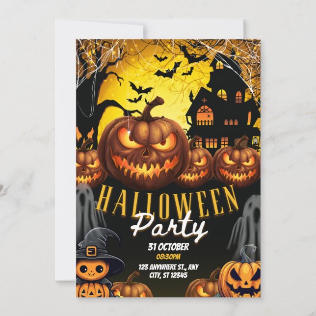 Invitación moderna a la fiesta de Halloween naranj (Anverso)