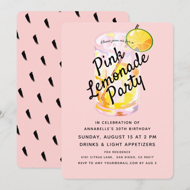 Invitación moderna a la fiesta rosa de la Lemonade (Anverso / Reverso)