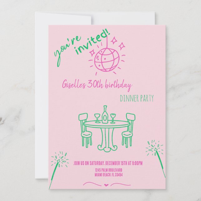 Invitación moderna a mano para cena de cumpleaños (Anverso)